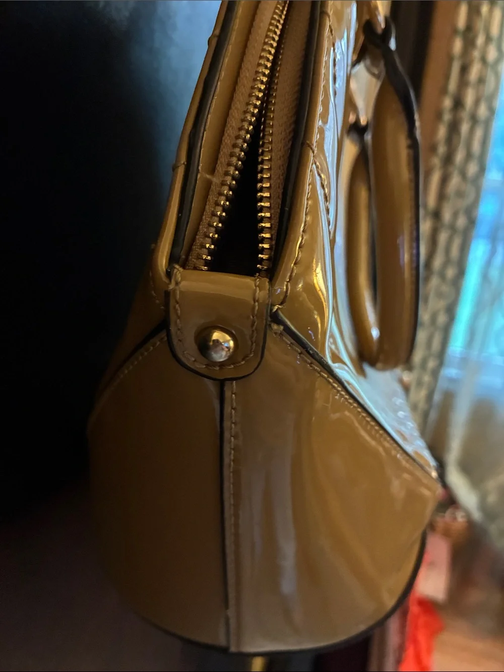 Roberto Cavalli Y2K Patent Dome Seashell Satchel in Tan with Gold Hardware